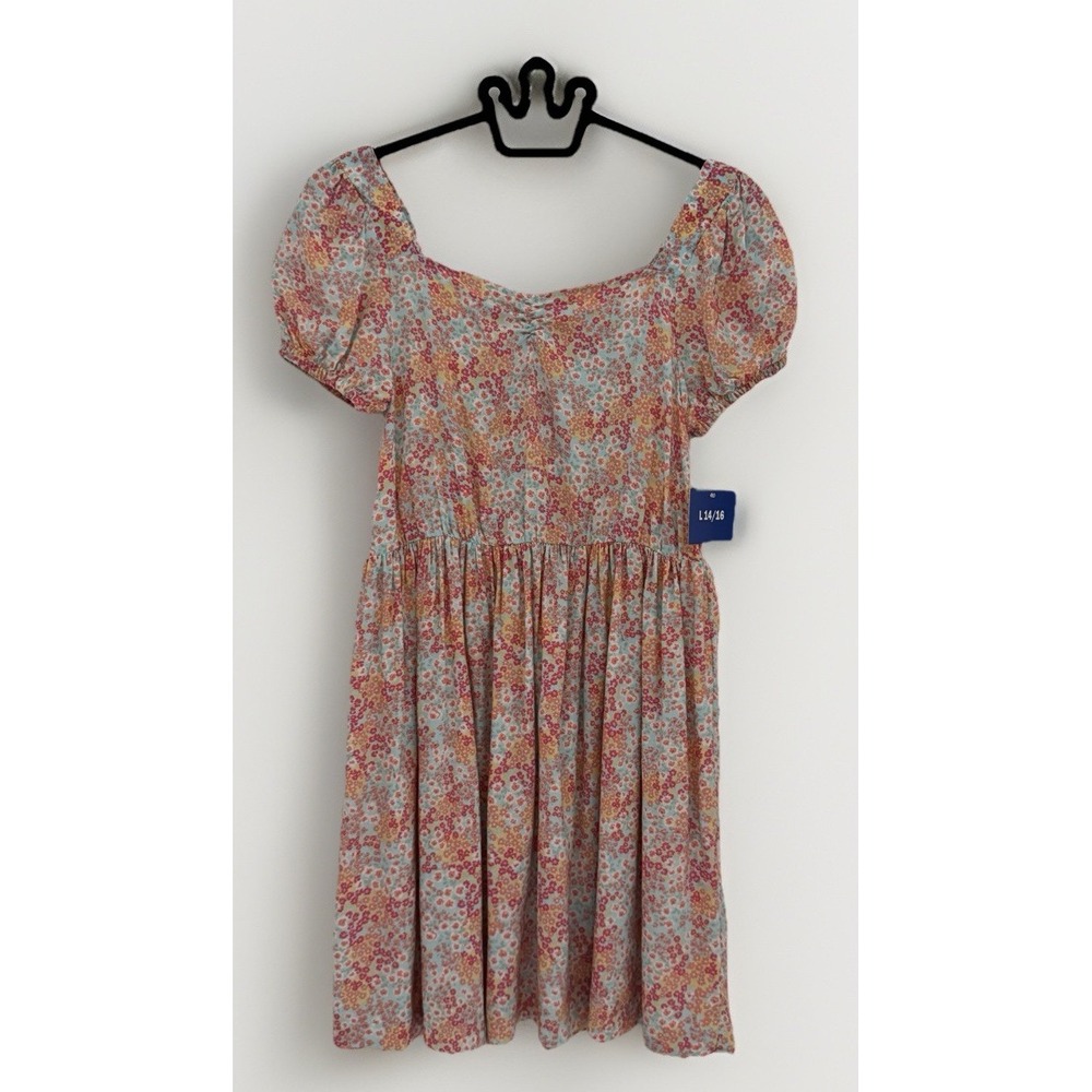 ROXY GIRL Dress L 14/16 Multicolor Floral Short Sleeve Stretch Back Panel NEW